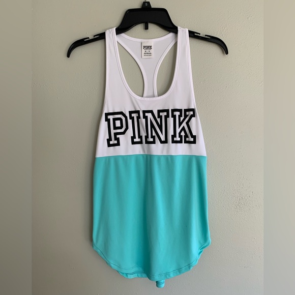 Victoria’s Secret PINK block letter teal and white racer back tank top XS - Picture 1 of 6